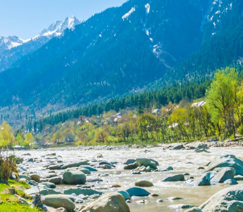 Beautiful  River and snow covered mountains landscape Kashmir state, India